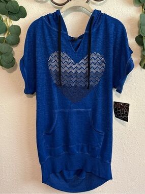 NWT Y2K Blue Rhinestone Heart Short-Sleeved Hooded Top💕